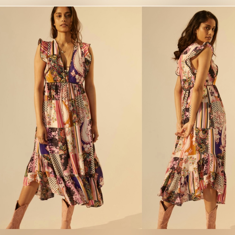 By Anthropologie Ruffled Patchwork Midi Dress